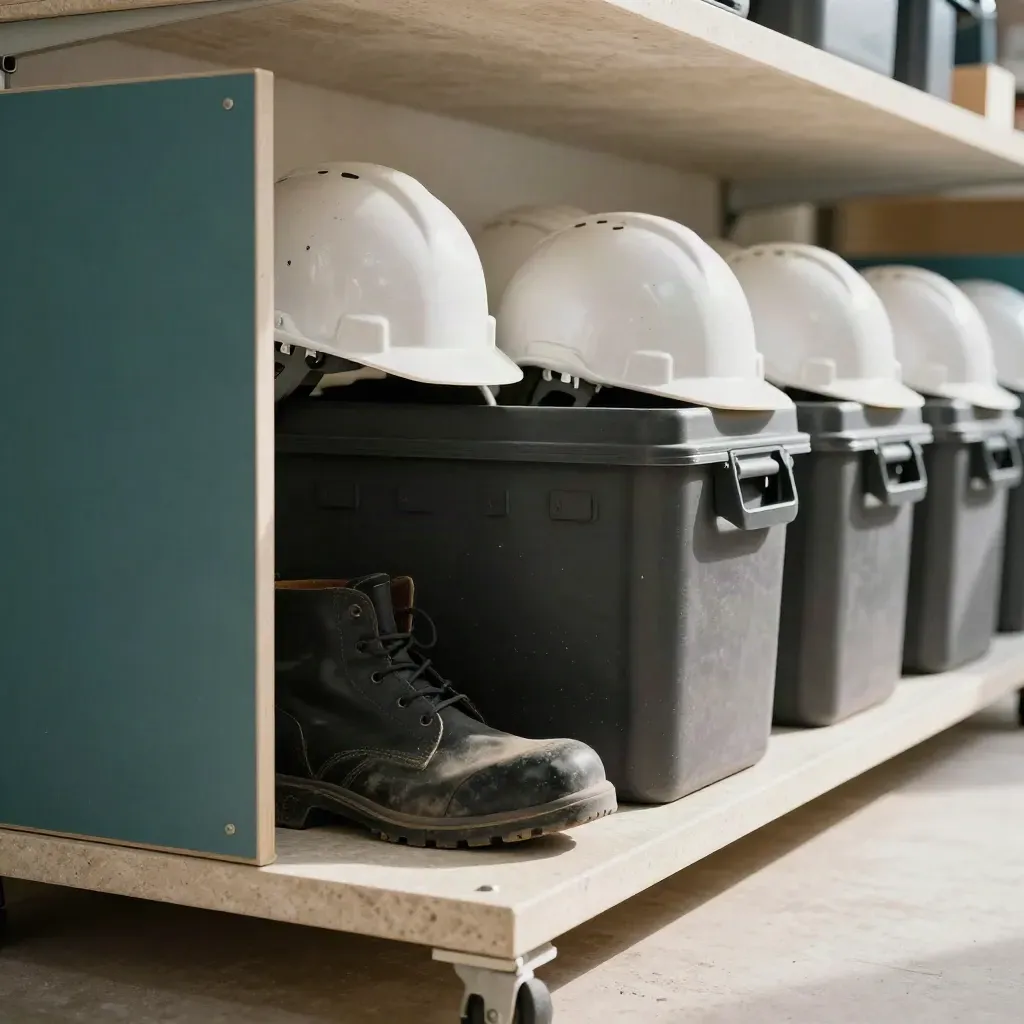 Dusty staging shelf with hard hats, boots and tote bins ready for a project crew.