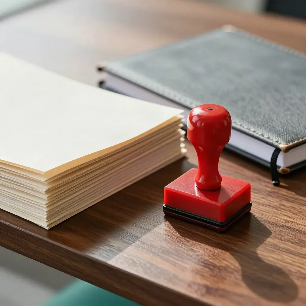 Macro of a red approval stamp, clipped candidate sleeves, and a closed notebook on a desk.