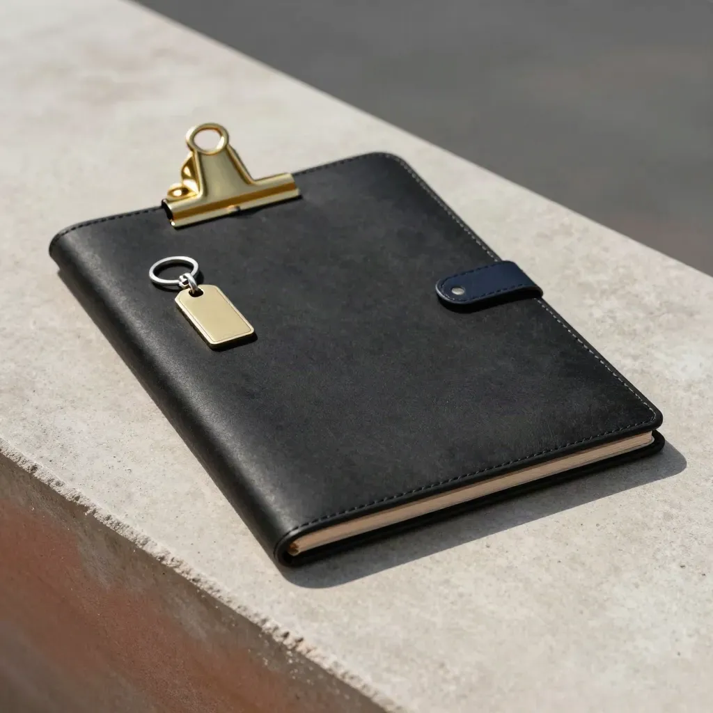 Matte-black briefing folder, brass clamp, and key tag on concrete in warm side light
