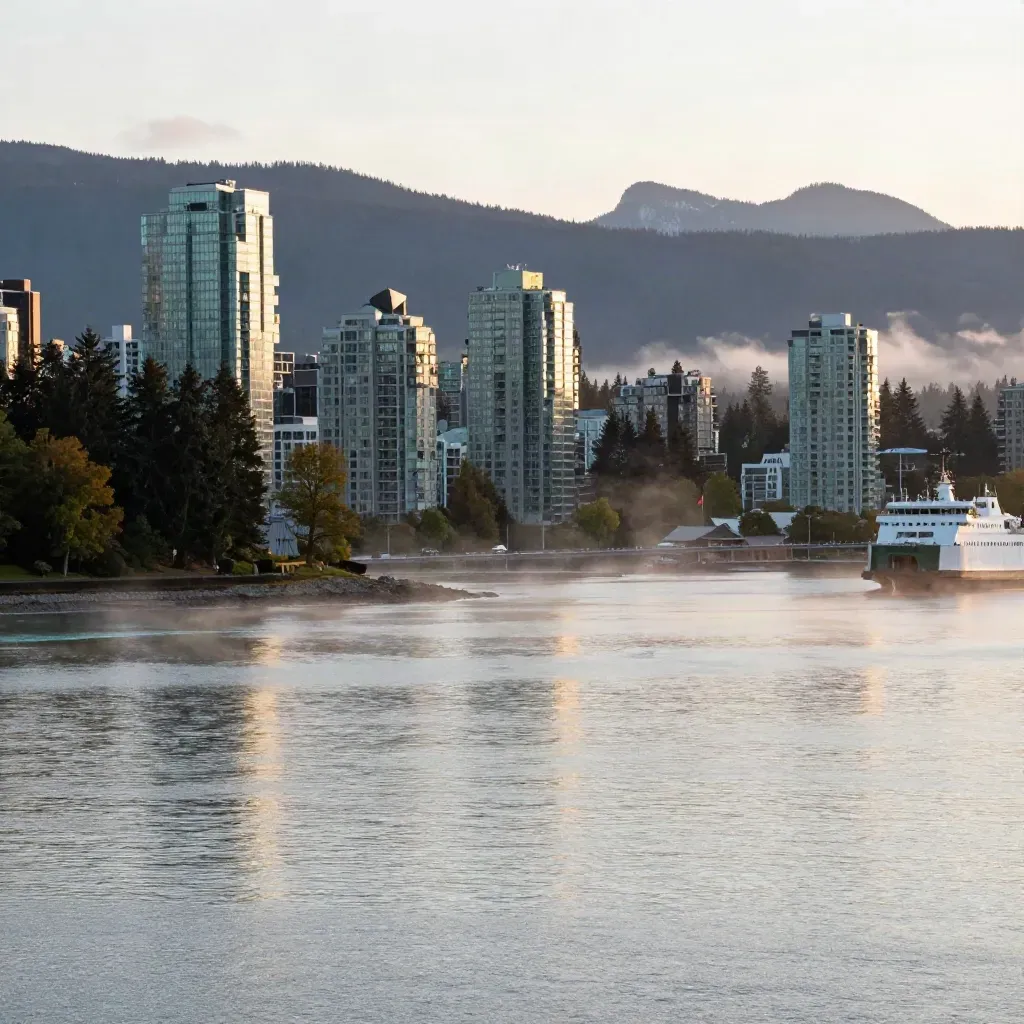 Foggy Vancouver harbour and mountain skyline at dawn over calm coastal water